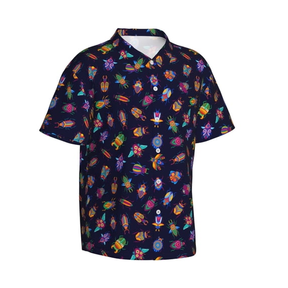 Lsque Colorful Insects pattern Hawaiian Shirt for Men, Unisex Summer Beach Casual Short Sleeve Button Down Shirts-X-Large