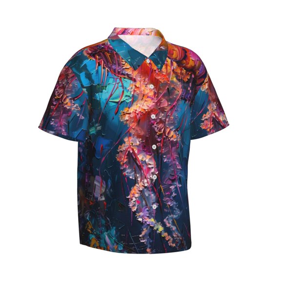 Lsque Colorful Jellyfish Abstract pattern Hawaiian Shirt for Men, Unisex Summer Beach Casual Short Sleeve Button Down Shirts-Large