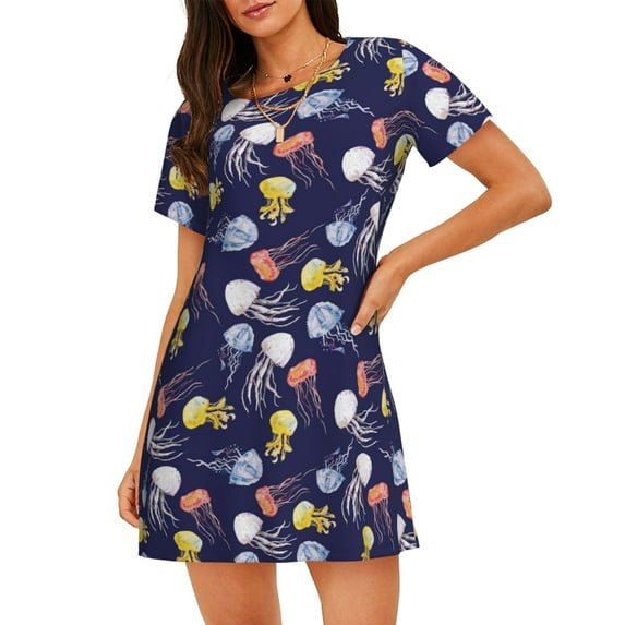 Lsque Colorful Jellyfish Pattern Nightgowns for Women Sleep Shirts Short Sleeve Nightshirt Pullover Nightdress Soft Sleepwear Relaxed Fit Nightdress
