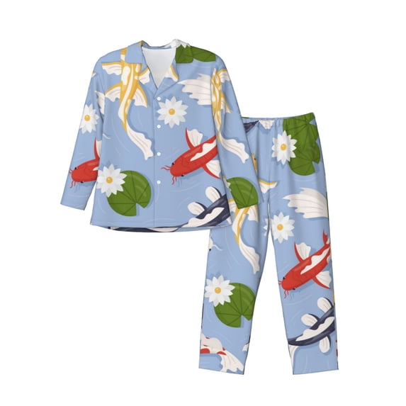 Lsque Colorful Koi Fish Pattern Long Sleeve Pajama Set for Men - Soft 2-Piece Sleepwear and Loungewear Set with Pockets, Comfy Nightwear-Large