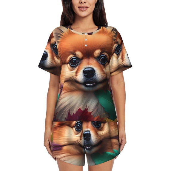 Lsque Colorful Leaf Chihuahua Women's Short-Sleeved Pajama Set - 2 Piece Soft and Lightweight Sleepwear Set-XX-Large