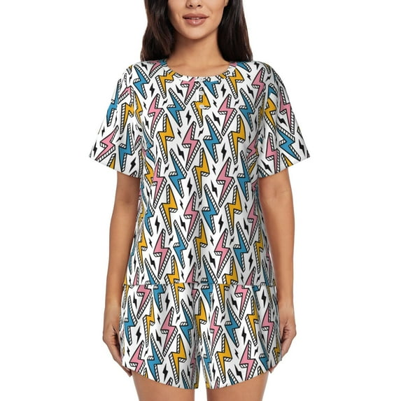 Lsque Colorful Lightning Bolts Pattern Women's Short-Sleeved Pajama Set - 2 Piece Soft and Lightweight Sleepwear Set-Medium