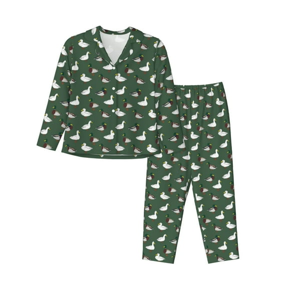 Lsque Colorful Mallard Duck Pattern Long Sleeve Pajama Set for Women - Soft 2-Piece Sleepwear and Loungewear Set with Pockets, Comfy Nightwear-Small