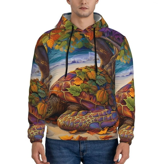 Lsque Colorful Maple Leaf Beach Turtle Pattern Casual Men's Hoodie,Hooded Sweatshirt with Kangaroo Pocket,Pullover Hoodie-XX-Large