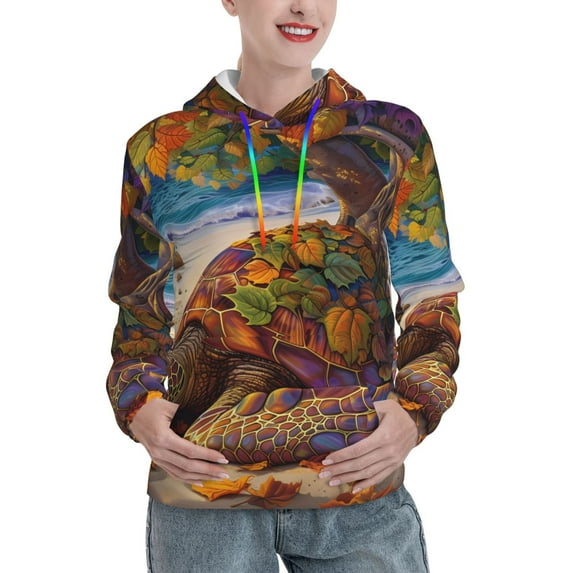 Lsque Colorful Maple Leaf Beach Turtle Pattern Casual Women's Hoodie,Hooded Sweatshirt with Kangaroo Pocket,Pullover Hoodie with Eye-catching Drawstrings-Large