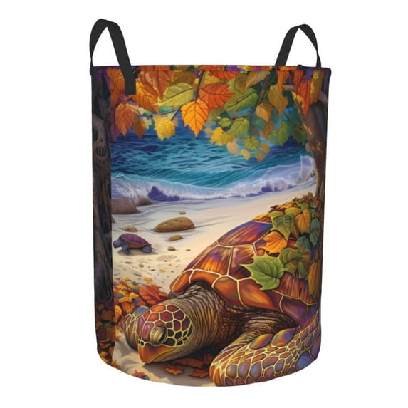 Lsque Colorful Maple Leaf Beach Turtle pattern Laundry Hamper Basket, Tall Woven Rope Hamper Basket for Clothes, Lightweight Storage Basket, Collapsible Waterproof-Small