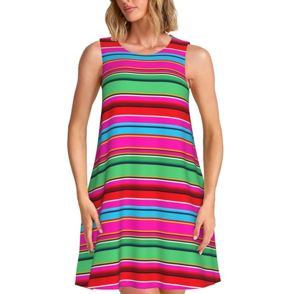 Lsque Colorful Mexican Stripes Pattern Summer Dresses for Women – Sleeveless T-Shirt Swing Sundress, Perfect for the Beach and Casual Days