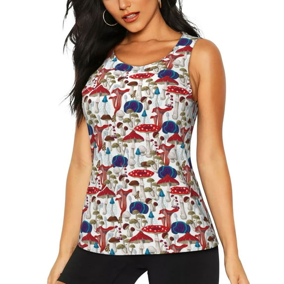 Lsque Colorful Mushrooms (2) Printed Workout Tank Tops for Women, Athletic Sports Tank Tops, Compression Sleeveless Dry Fit Shirts,Sleeveless Yoga Shirt-Large