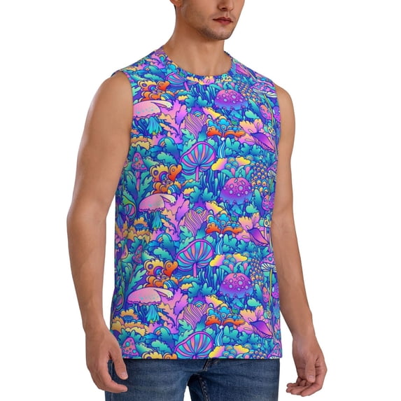 Lsque Colorful Mushrooms Print Men's Cotton Blend Sleeveless Muscle Shirts (S-3XL)- Moisture Wicking, Odor Protection, UPF 30+,Small