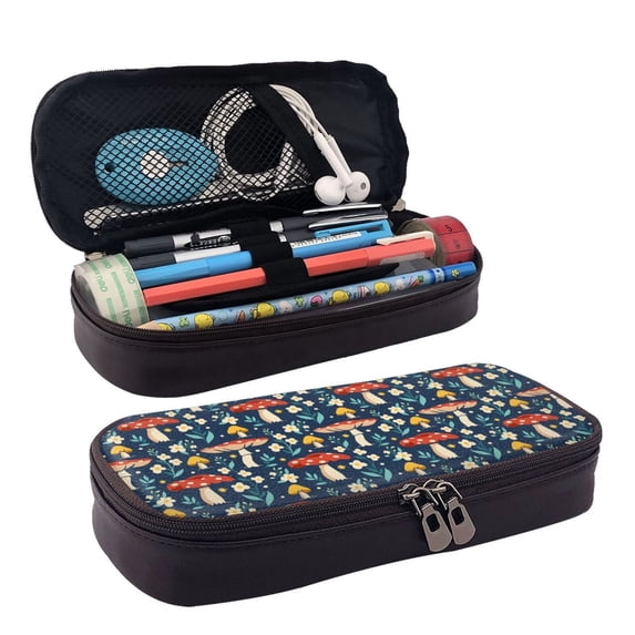 Lsque Colorful Mushrooms Printed Big Capacity PU Leather Pencil Case Large Pencil Pouch Stationery Pen Bag Pencil Holder for Teen