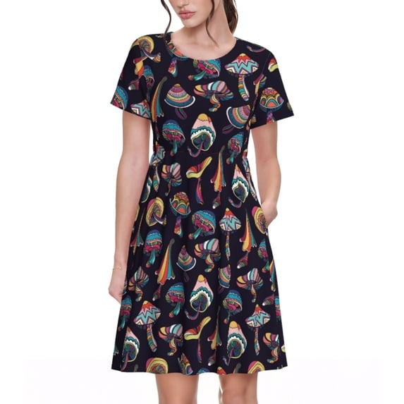 Lsque Colorful Mushrooms in Doodle Style Print Women's Casual Dress T-Shirt Summer Short Sleeve Scoop Neck Swing Dresses