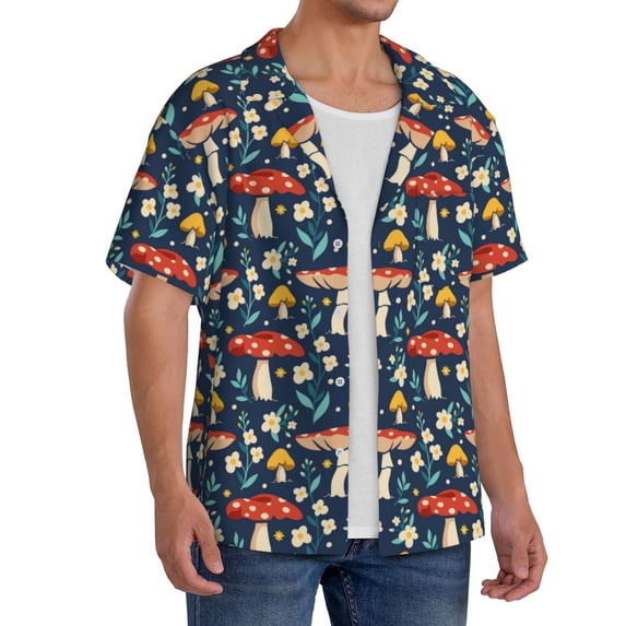 Lsque Colorful Mushrooms print Men's Cuban Collar Short Sleeve Shirt Summer Beachwear Casual Button Down Fashionable Vacation Leisure Shirt-X-Large