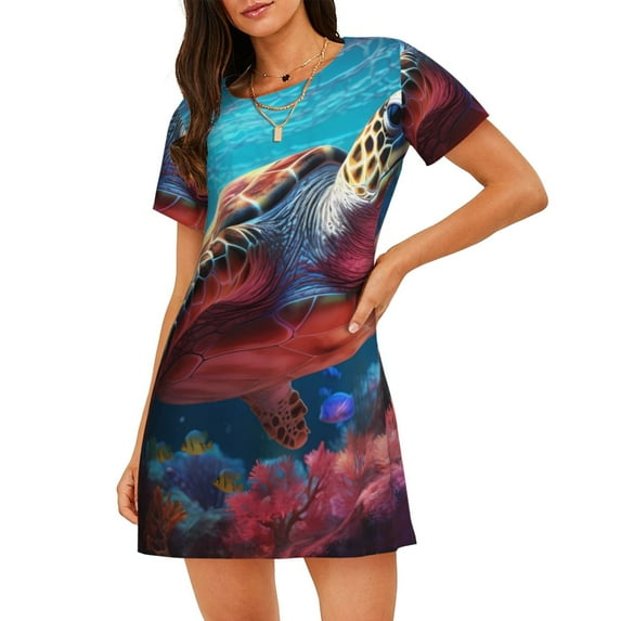 Lsque Colorful Ocean Sea Turtle Pattern Nightgowns for Women Sleep Shirts Short Sleeve Nightshirt Pullover Nightdress Soft Sleepwear Relaxed Fit Nightdress