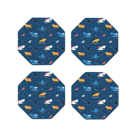 Lsque Colorful Ocean Shark Pattern 4" Drink Coasters Set of 4, PVC Leather Absorbent Coasters, Table Coaster Set Decorative Coffee Cup Coasters Housewarming Gift -Octagon