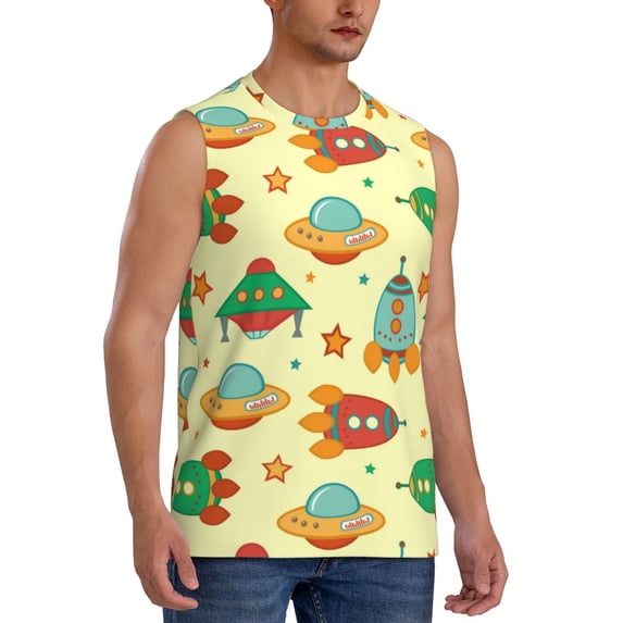Lsque Colorful Outer Space Print Men's Cotton Blend Sleeveless Muscle Shirts (S-3XL)- Moisture Wicking, Odor Protection, UPF 30+,XX-Large