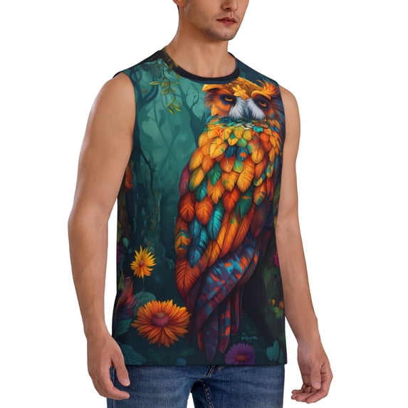 Lsque Colorful Owl Forest Print Men's Cotton Blend Sleeveless Muscle Shirts (S-3XL)- Moisture Wicking, Odor Protection, UPF 30+,Medium