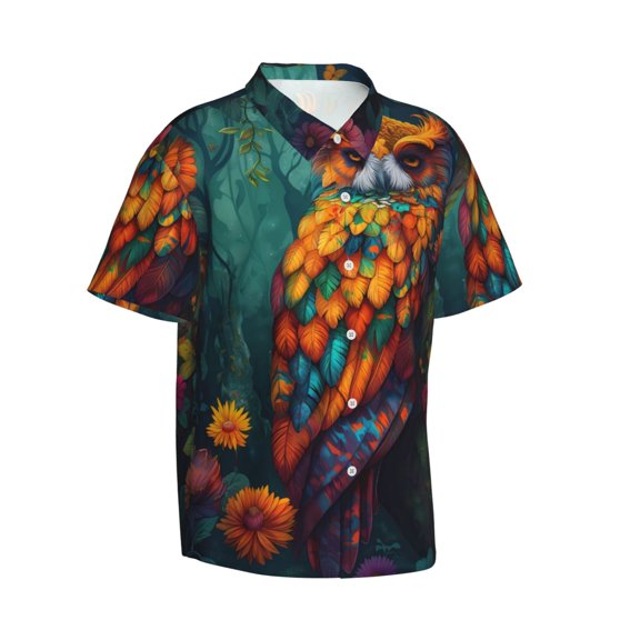 Lsque Colorful Owl Forest pattern Hawaiian Shirt for Men, Unisex Summer Beach Casual Short Sleeve Button Down Shirts-Large