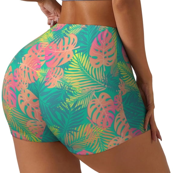 Lsque Colorful Palm Leaves Pattern High Waisted Biker Shorts for Women-Tummy Control Fitness Athletic Workout Running Yoga Gym Shorts,Moisture-Wicking-Medium