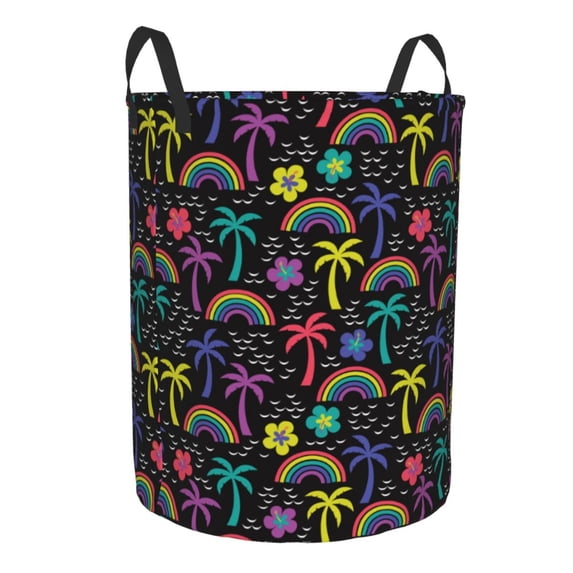 Lsque Colorful Palms pattern Laundry Hamper Basket, Tall Woven Rope Hamper Basket for Clothes, Lightweight Storage Basket, Collapsible Waterproof-Medium