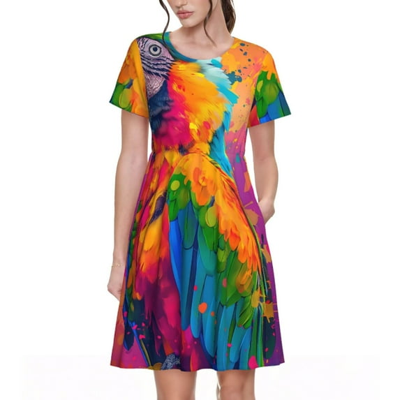 Lsque Colorful Parrot Jungle Dream A Print Women's Casual Dress T-Shirt Summer Short Sleeve Scoop Neck Swing Dresses