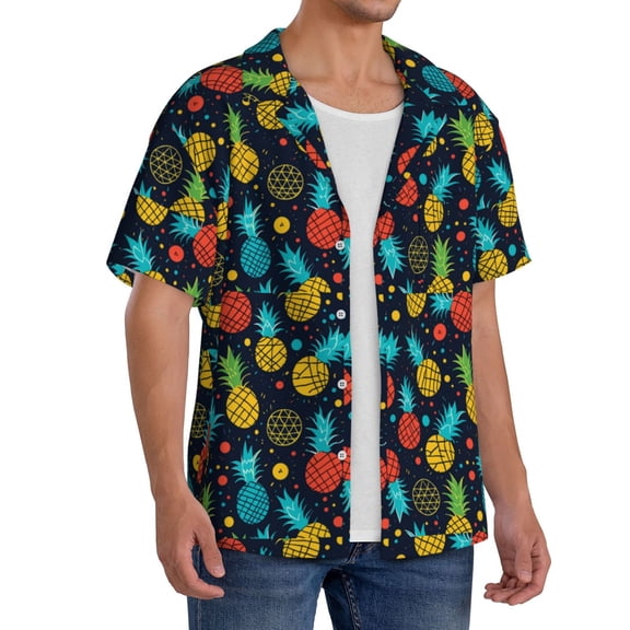 Lsque Colorful Pineapple print Men's Cuban Collar Short Sleeve Shirt Summer Beachwear Casual Button Down Fashionable Vacation Leisure Shirt-Large