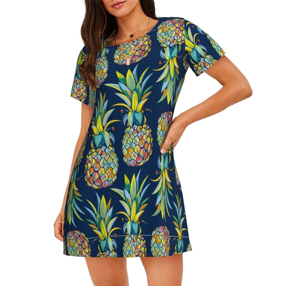 Lsque Colorful Pineapples Pattern Nightgowns for Women Sleep Shirts Short Sleeve Nightshirt Pullover Nightdress Soft Sleepwear Relaxed Fit Nightdress