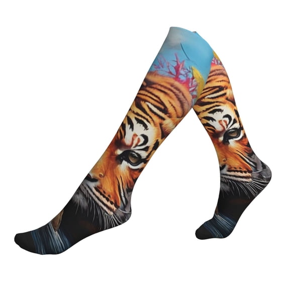 Lsque Colorful Plant Tiger Pattern Sport Compression Socks for Men & Women 15-20 mmHg Knee High Nurse Pregnant Running Medical and Travel Athletic