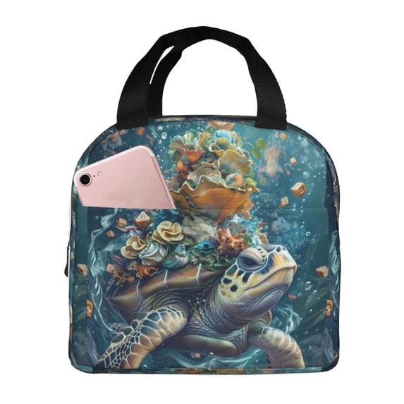 Lsque Colorful Plant Turtle Pattern Lunch Bag Women/Men Insulated Lunch Box,Small Leakproof Cooler Food Lunch Containers Reusable High Capacity Lunch Tote Bags