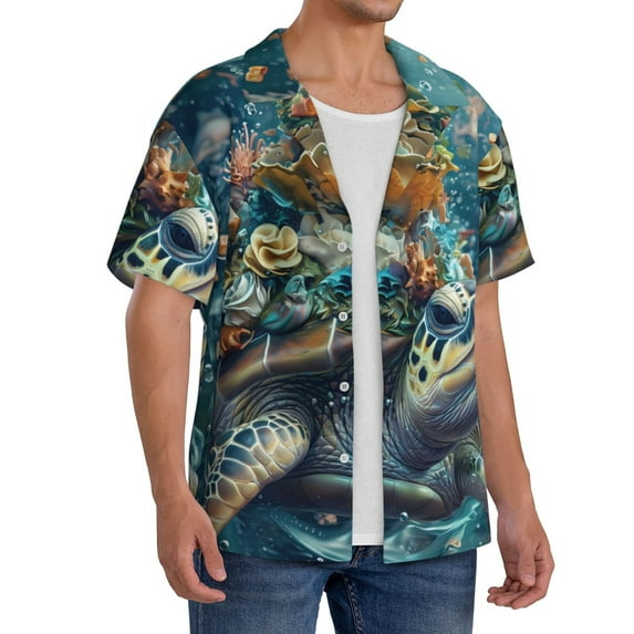 Lsque Colorful Plant Turtle print Men's Cuban Collar Short Sleeve Shirt Summer Beachwear Casual Button Down Fashionable Vacation Leisure Shirt-Medium