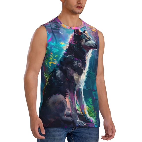 Lsque Colorful Plant Wolf Print Men's Cotton Blend Sleeveless Muscle Shirts (S-3XL)- Moisture Wicking, Odor Protection, UPF 30+,Medium