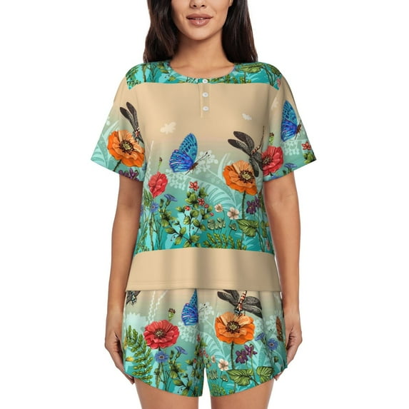 Lsque Colorful Plants And Insects Women's Short-Sleeved Pajama Set - 2 Piece Soft and Lightweight Sleepwear Set-XX-Large