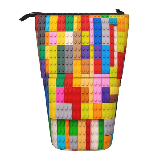 Lsque Colorful Plastic Blocks Pattern Pattern Telescopic Pencil Bag Pen Holder Stationery Case, Stand-up Retractable Transformer Bag Organizer