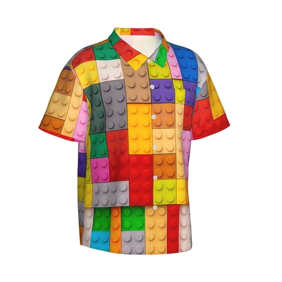 Lsque Colorful Plastic Blocks Pattern pattern Hawaiian Shirt for Men, Unisex Summer Beach Casual Short Sleeve Button Down Shirts-Small