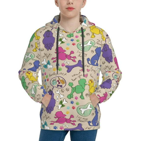Lsque Colorful Poodle Dog Patten Youth Hoodie Sweatshirt Pullover with Kangaroo Pocket Boys and Girls Hoodie Warm Hoodie for Kids-Large