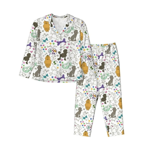 Lsque Colorful Poodle Dog Pattern Long Sleeve Pajama Set for Women - Soft 2-Piece Sleepwear and Loungewear Set with Pockets, Comfy Nightwear-XX-Large