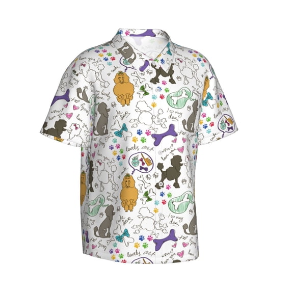 Lsque Colorful Poodle Dog pattern Hawaiian Shirt for Men, Unisex Summer Beach Casual Short Sleeve Button Down Shirts-Small