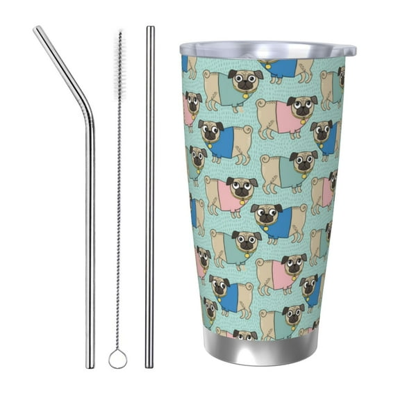 Lsque Colorful Pugs Pattern 20oz Car Cup with Lid and Straw, Insulated Coffee Cup with Straw Topper, Spill Proof Travel Coffee Mug, Stainless Steel Tumble-Straw Three-piece Set