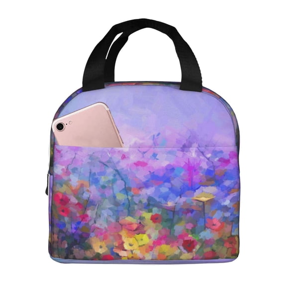 Lsque Colorful Purple Cosmos Flower Pattern Lunch Bag Women/Men Insulated Lunch Box,Small Leakproof Cooler Food Lunch Containers Reusable High Capacity Lunch Tote Bags