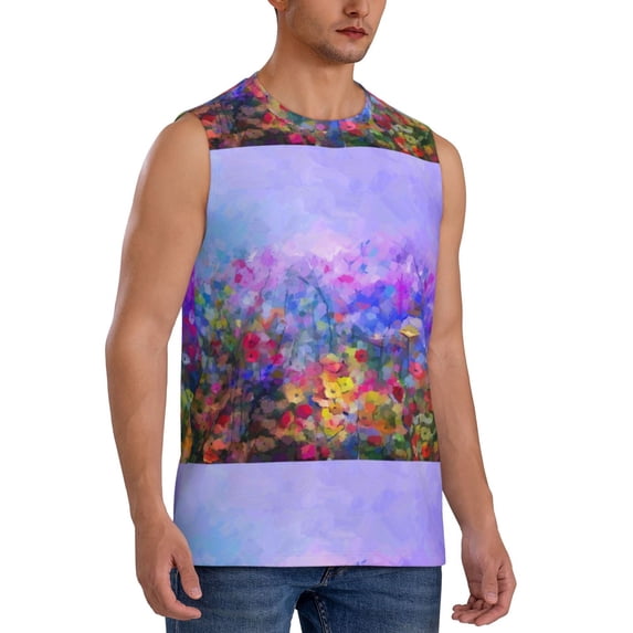 Lsque Colorful Purple Cosmos Flower Print Men's Cotton Blend Sleeveless Muscle Shirts (S-3XL)- Moisture Wicking, Odor Protection, UPF 30+,Large