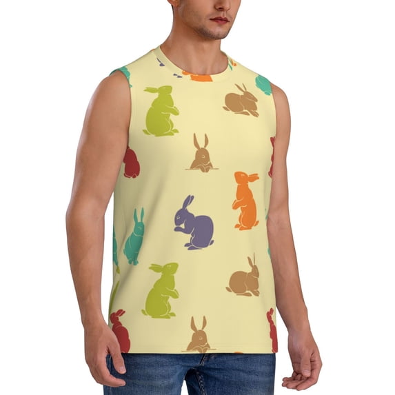 Lsque Colorful Rabbit Print Men's Cotton Blend Sleeveless Muscle Shirts (S-3XL)- Moisture Wicking, Odor Protection, UPF 30+,Large