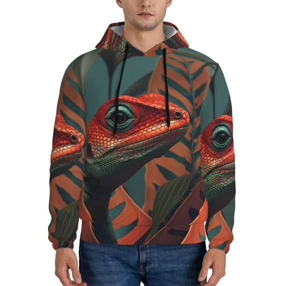 Lsque Colorful Reptile And Leaves Pattern Casual Men's Hoodie,Hooded Sweatshirt with Kangaroo Pocket,Pullover Hoodie-Small