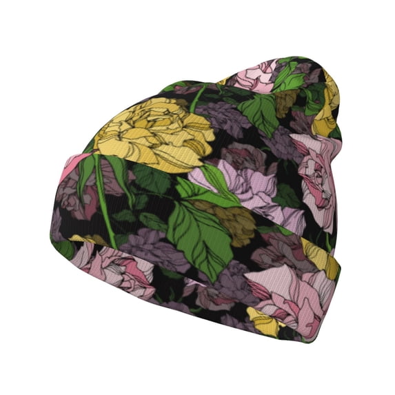 Lsque Colorful Roses Pattern Knitted Beanie, Unisex Winter Hat, Knit Hat Winter Beanies Thick Fisherman Beanies Cuffed Plain Skull Caps