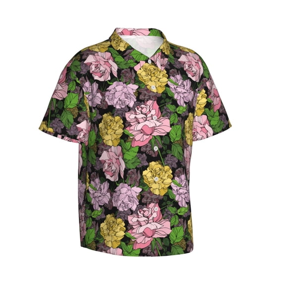 Lsque Colorful Roses pattern Hawaiian Shirt for Men, Unisex Summer Beach Casual Short Sleeve Button Down Shirts-Small
