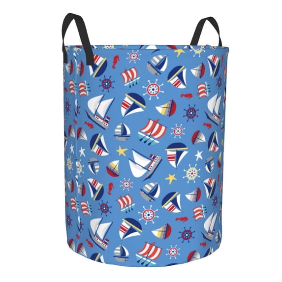 Lsque Colorful Sailing Ship pattern Laundry Hamper Basket, Tall Woven Rope Hamper Basket for Clothes, Lightweight Storage Basket, Collapsible Waterproof-Medium