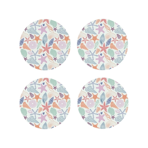 Lsque Colorful Seashells Pattern 4" Drink Coasters Set of 4, PVC Leather Absorbent Coasters, Table Coaster Set Decorative Coffee Cup Coasters Housewarming Gift -Round Shape