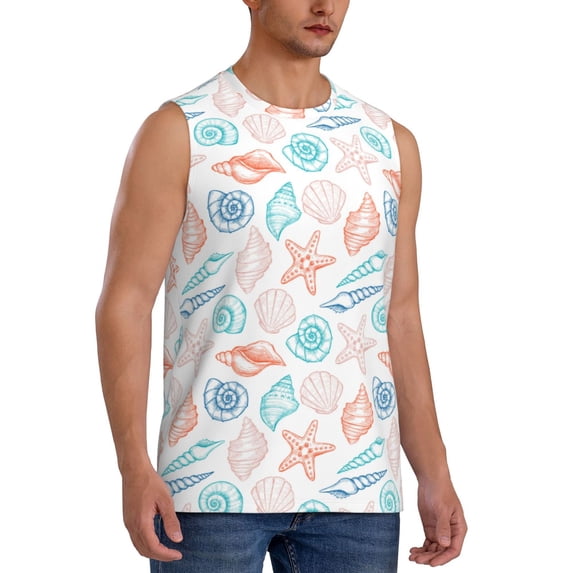 Lsque Colorful Seashells1 Print Men's Cotton Blend Sleeveless Muscle Shirts (S-3XL)- Moisture Wicking, Odor Protection, UPF 30+,Small