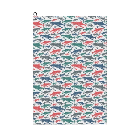 Lsque Colorful Shark Premium Golf Towel - Ultra Absorbent and Quick Drying Microfiber Towel with Carabiner - Gift for Men -24" X 16"