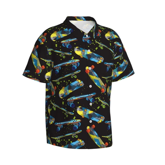 Lsque Colorful Skateboard pattern Hawaiian Shirt for Men, Unisex Summer Beach Casual Short Sleeve Button Down Shirts-Large