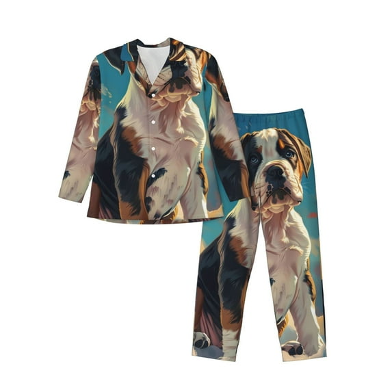 Lsque Colorful Sky Puppy Pattern Long Sleeve Pajama Set for Men - Soft 2-Piece Sleepwear and Loungewear Set with Pockets, Comfy Nightwear-Small