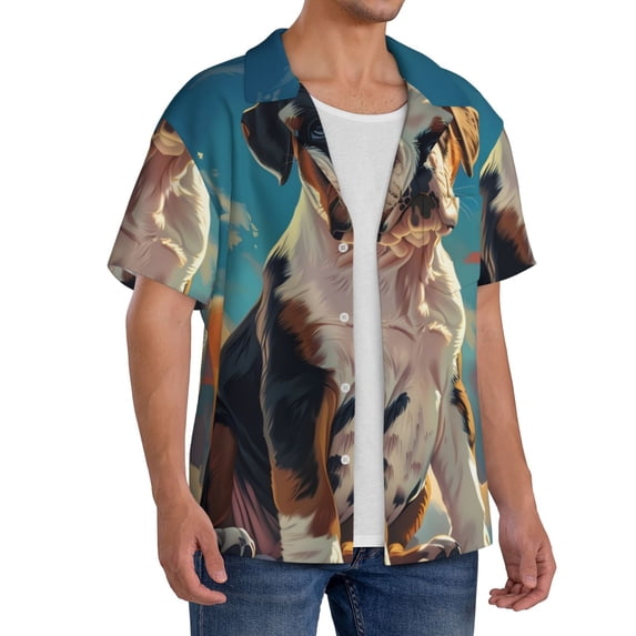 Lsque Colorful Sky Puppy print Men's Cuban Collar Short Sleeve Shirt Summer Beachwear Casual Button Down Fashionable Vacation Leisure Shirt-X-Large